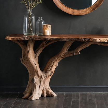 RootNest Console Table – Handmade Live Edge Entryway Table with Rustic Trunk Base - Bespoke Wood TTK