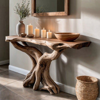 TrunkHollow Console Table – Handmade Reclaimed Wood Entryway Table with Natural Driftwood Base - Bespoke Wood TTK