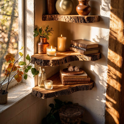 HearthNest Corner Shelf – Rustic Live Edge Floating Wall Decor - Bespoke Wood TTK