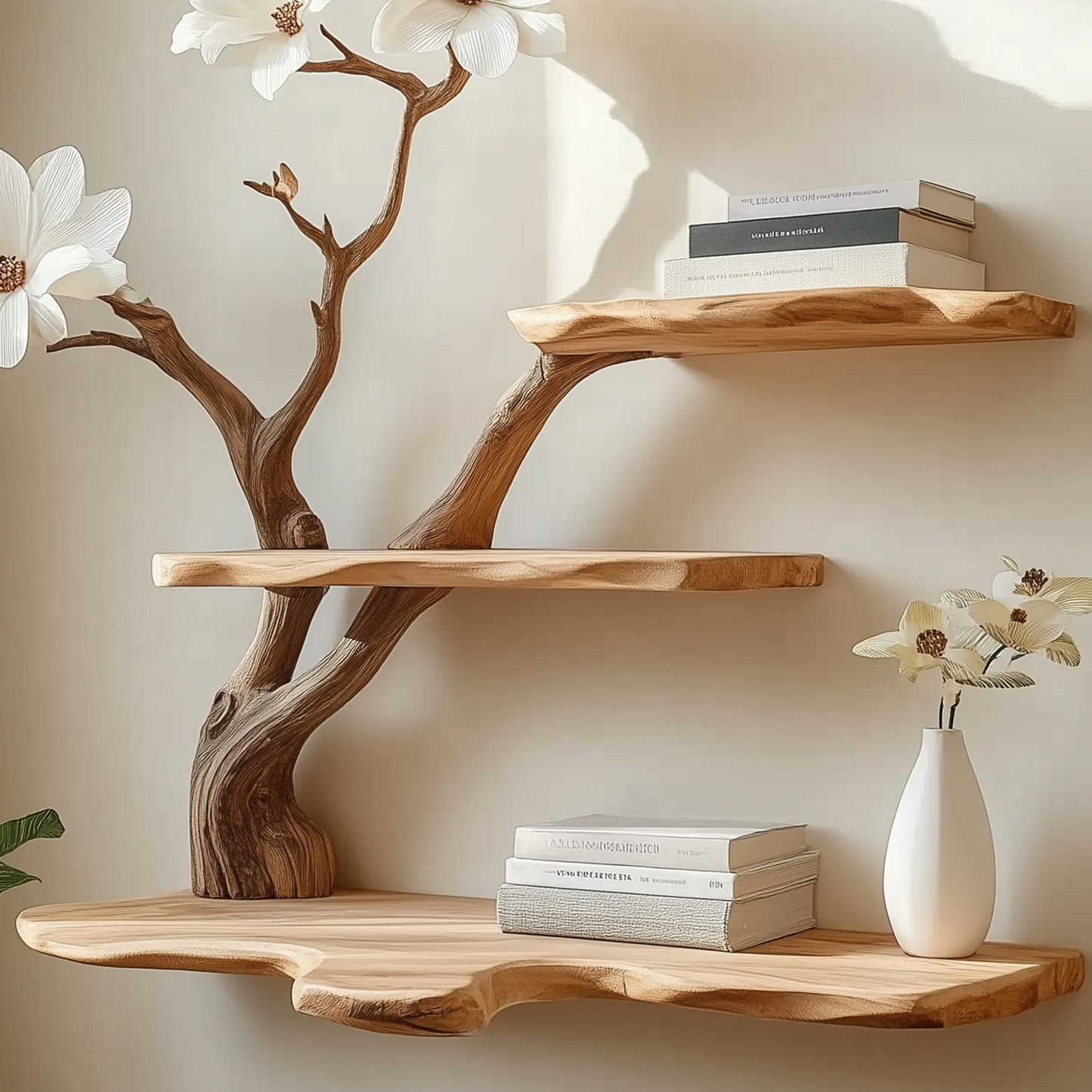 Bloomloom Tree Bookshelf | Wall-Mounted Wooden Branch Shelf With White Floral Accents For Nature-Inspired Decor - Bespoke Wood TTK
