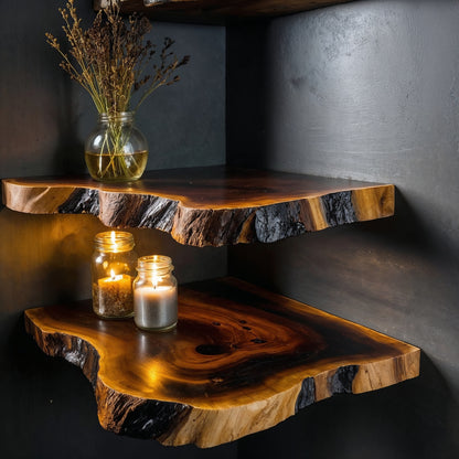 CornerGrove | Live Edge Floating Corner Shelf | Handmade Solid Wood Wall Decor - Bespoke Wood TTK