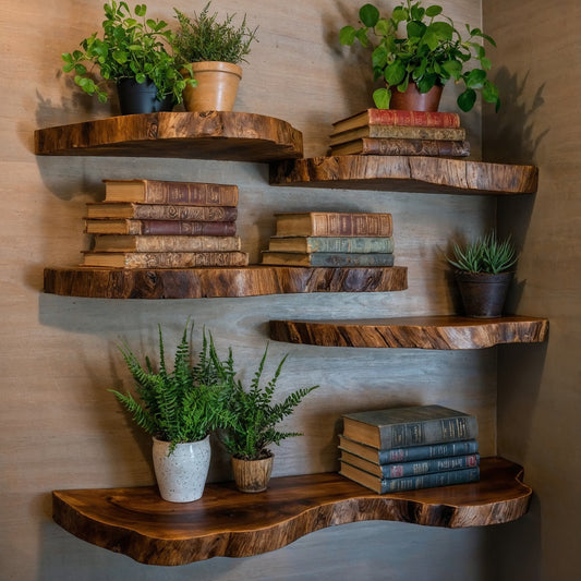 WoodStone Floating Shelf – Long Live Edge Wall-Mounted Solid Wood Bookshelf - Bespoke Wood TTK