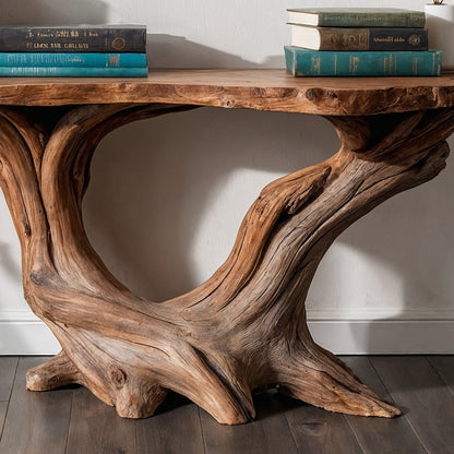 RootWeave Console Table – Handmade Rustic Entryway Table with Live Edge Top - Bespoke Wood TTK