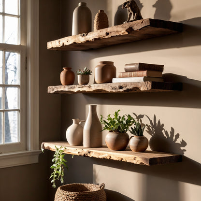 TerraNest Floating Shelf – Rustic Live Edge Wood Wall Display for Home & Nursery - Bespoke Wood TTK