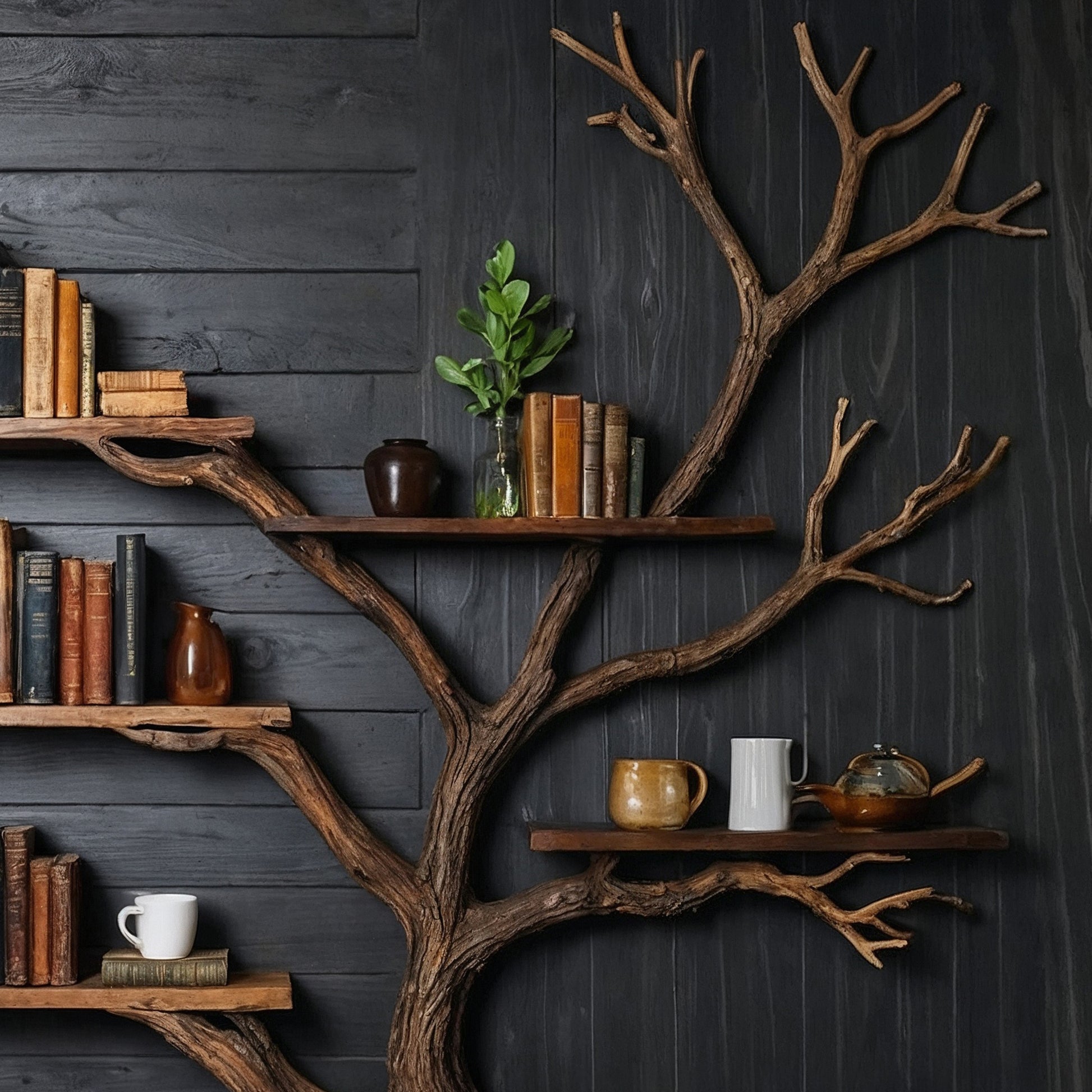 RootCraft Bookshelf – Handmade Wooden Tree Branch Wall Shelf For Home Decor - Bespoke Wood TTK