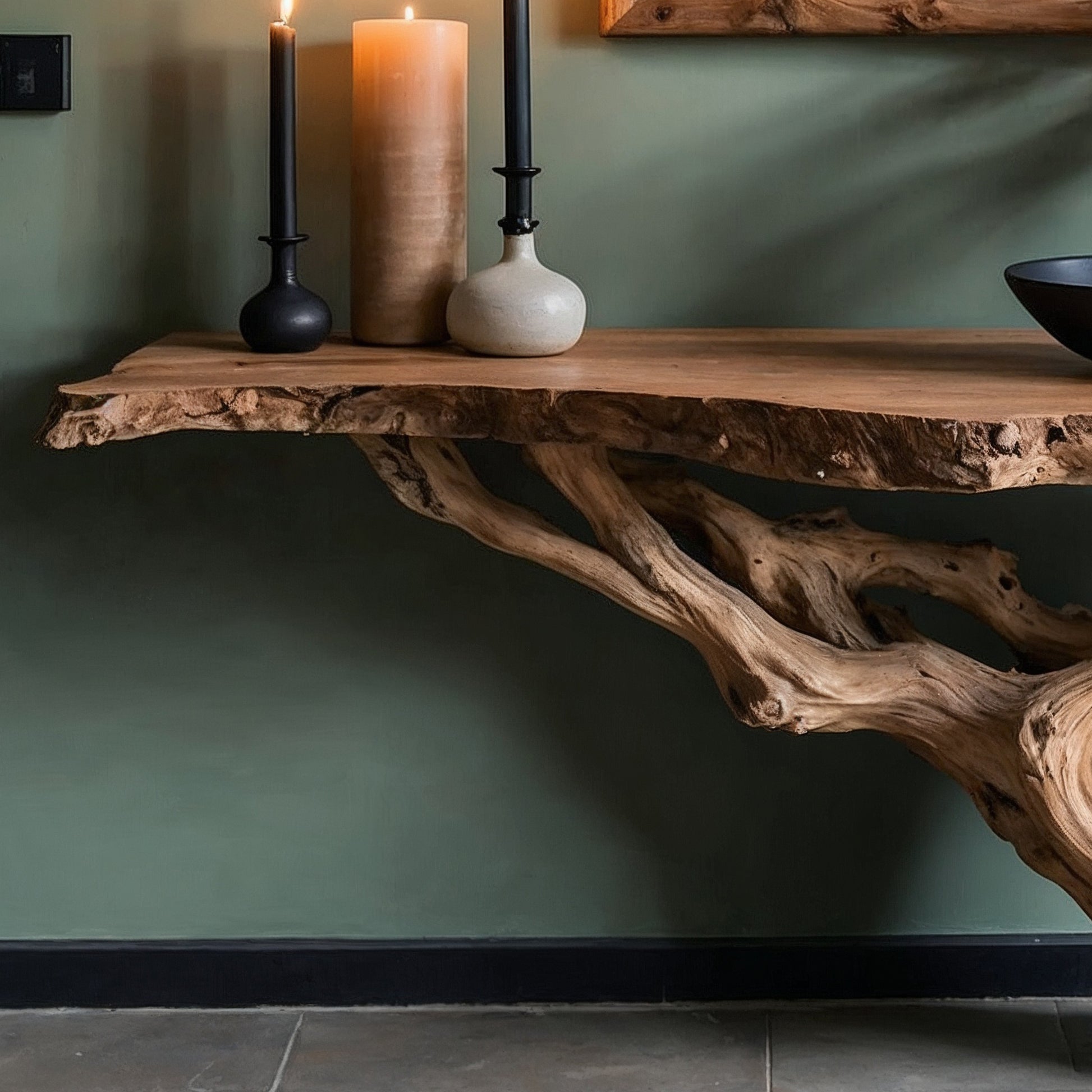 BloomRoot Console Table – Handmade Live Edge Entryway Table with Rustic Tree Base - Bespoke Wood TTK