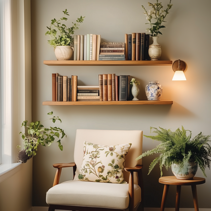 Oakmoss Line Shelf – Minimalist Long Floating Wall Display For Reading Nooks - Bespoke Wood TTK