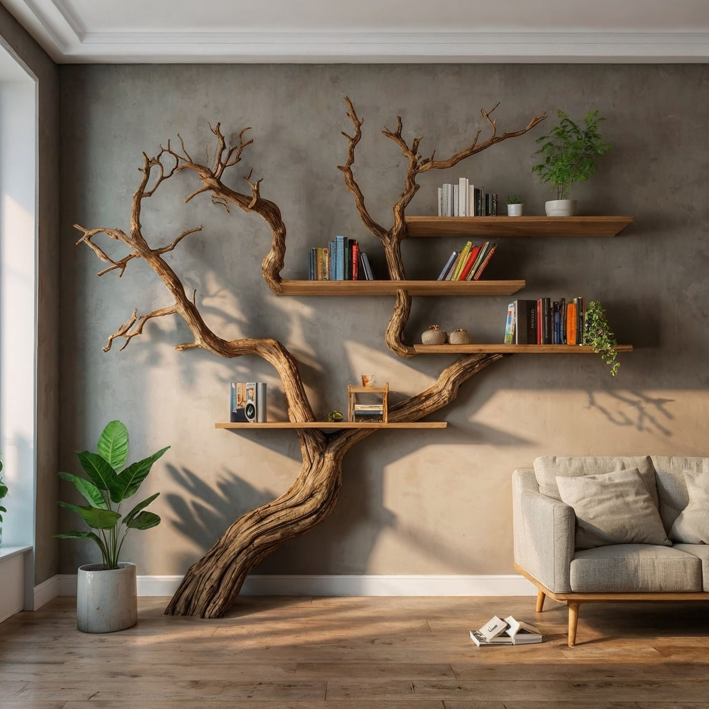 RootRise Tree Wall Bookshelf | Handcrafted Rustic Driftwood Bookcase - Bespoke Wood TTK