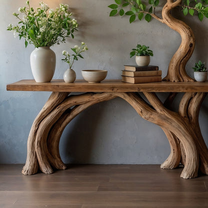 TreeForm Tree Console Table – Live Edge Solid Wood Entryway Table with Artistic Tree Trunk Base - Bespoke Wood TTK