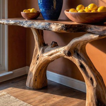 SunRoot Console Table – Rustic Live Edge Entryway Table with Organic Tree Base - Bespoke Wood TTK
