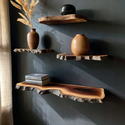 RusticHaven Floating Shelf | Live Edge Solid Wood Rustic Wall Display - Bespoke Wood TTK