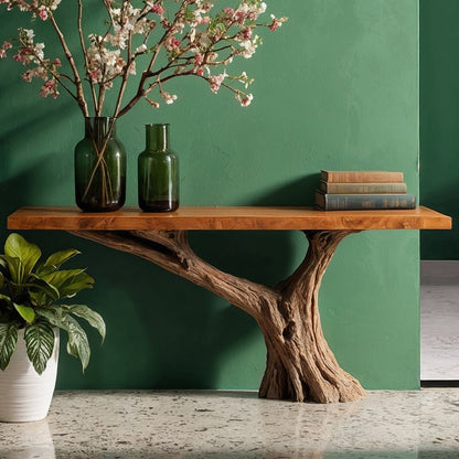 RootGlint Console Table – Reclaimed Wood Hallway Table with Natural Tree Base - Bespoke Wood TTK