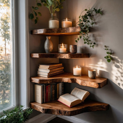 RootNiche Corner Shelf – Live Edge Handmade Floating Wood Wall Shelf - Bespoke Wood TTK