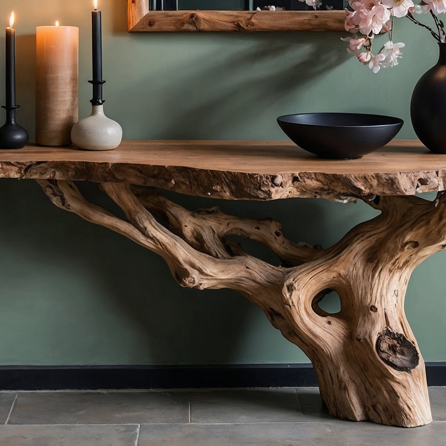 BloomRoot Console Table – Handmade Live Edge Entryway Table with Rustic Tree Base - Bespoke Wood TTK