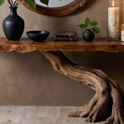 RootBloom Console Table – Handmade Live Edge Entryway Table with Natural Base - Bespoke Wood TTK