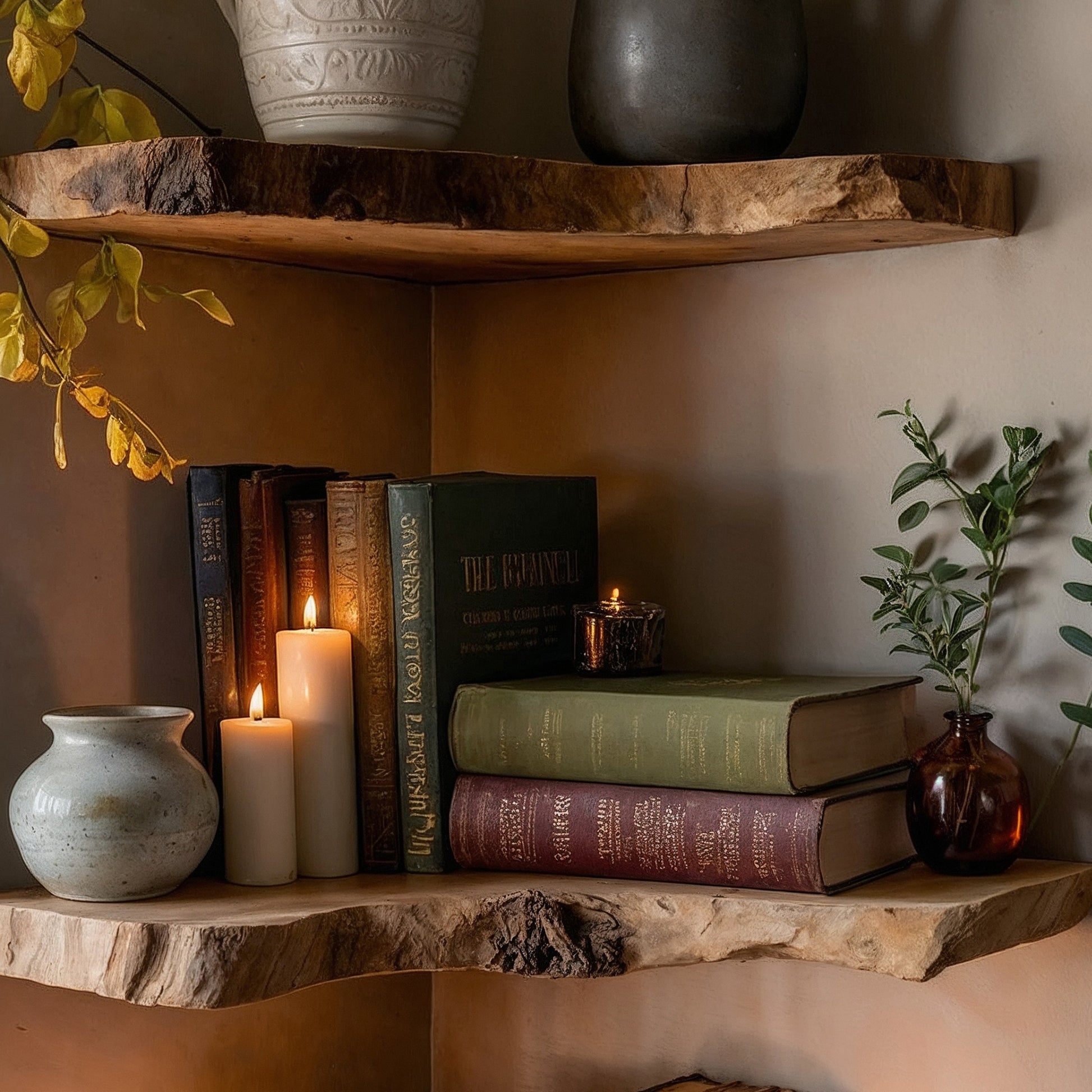 CornerBloom Corner Shelf – Live Edge Wooden Floating Corner Bookshelf - Bespoke Wood TTK