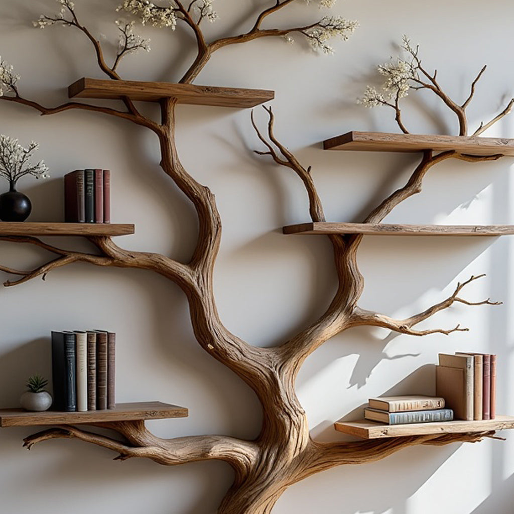 Grainsculpt Tree Bookshelf  Handcrafted Live Edge Driftwood Branch Bookcase For Rustic Living Room Decor