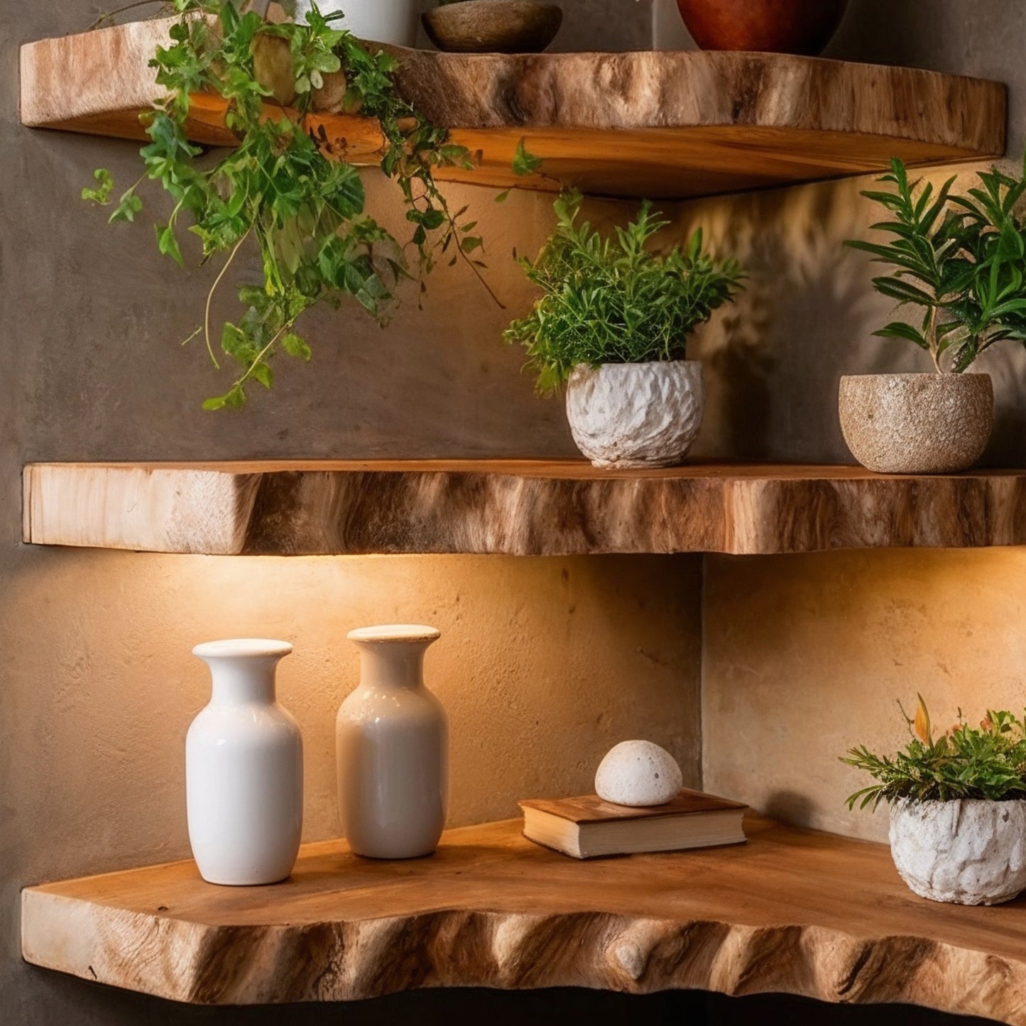 WoodBloom Corner Shelf – Handmade Live Edge Floating Wood Shelves for Boho & Japandi Interiors