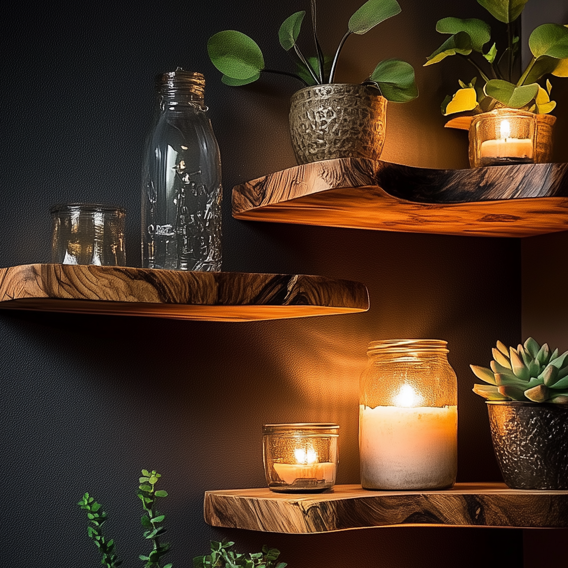 BranchWeave Floating Corner Shelf – Custom Live Edge Solid Wood Bookshelves for Rustic Homes