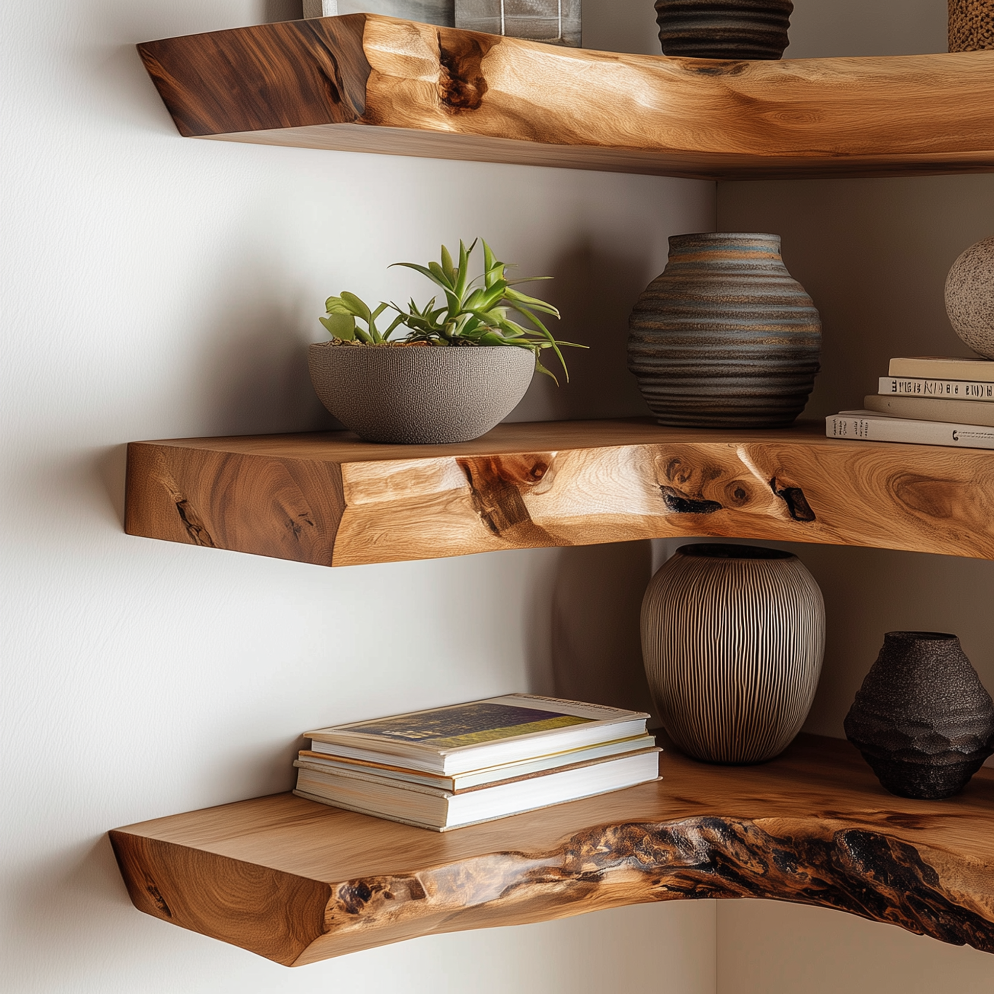 Leafaura Corner Floating Shelf - Handmade Live Edge Wood Shelf For Boho & Japandi Inspired Interiors