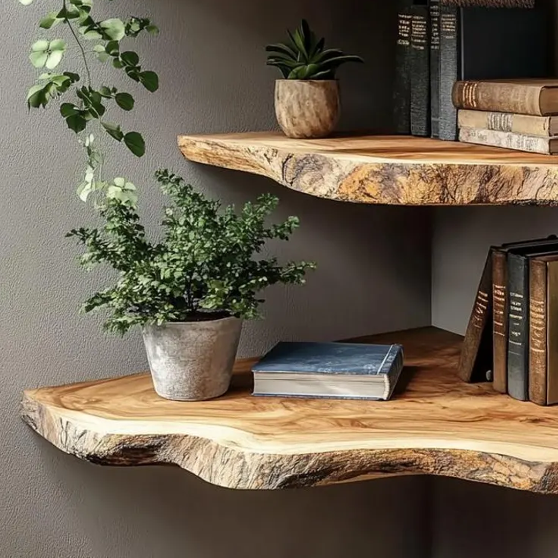 Grainhollow Corner Floating Shelf - Live Edge Rustic Solid Wood Wall Shelves For Home Decor