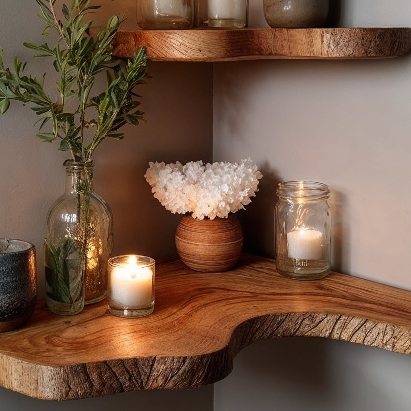 TrunkNest Corner Wall Shelf – Rustic Live Edge Floating Bookshelf for Housewarming & Decor