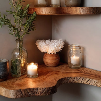 TrunkNest Corner Wall Shelf – Rustic Live Edge Floating Bookshelf for Housewarming & Decor
