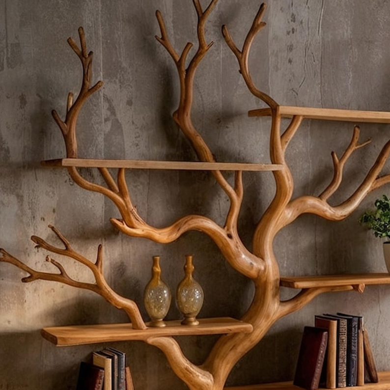 Rootform Tree Bookshelf  Handcrafted Wooden Tree Branch Shelf For Home Or Office Decor