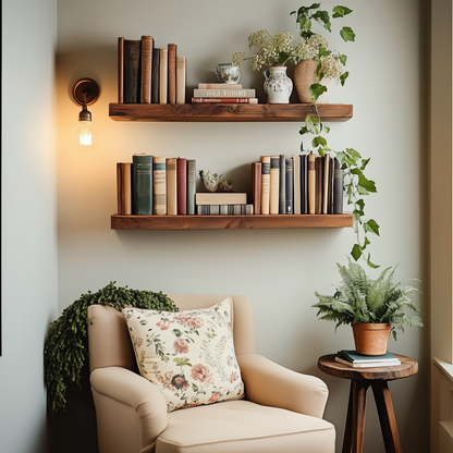 Oakmoss Line Shelf – Minimalist Long Floating Wall Display For Reading Nooks - Bespoke Wood TTK