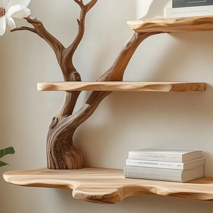 Bloomloom Tree Bookshelf | Wall-Mounted Wooden Branch Shelf With White Floral Accents For Nature-Inspired Decor - Bespoke Wood TTK
