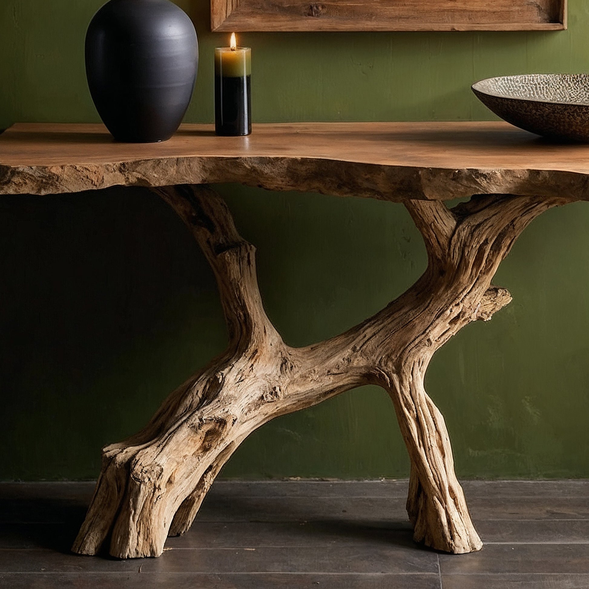MossRoot Console Table – Rustic Live Edge Entry Table with Natural Wood Base - Bespoke Wood TTK
