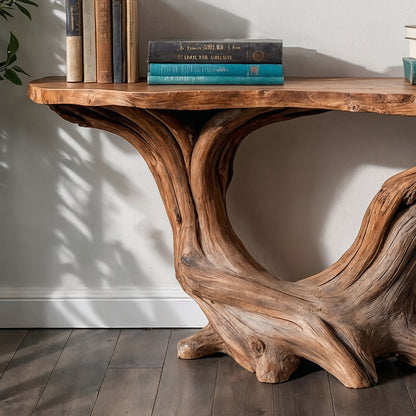 RootWeave Console Table – Handmade Rustic Entryway Table with Live Edge Top - Bespoke Wood TTK