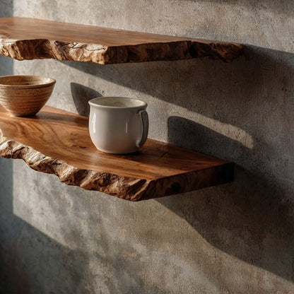 GrainFlow Live Edge Shelf | Rustic Solid Wood Wall Display - Bespoke Wood TTK
