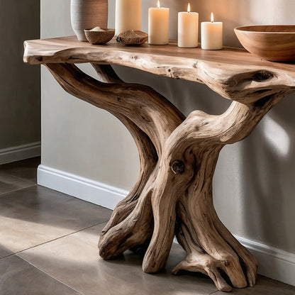 TrunkHollow Console Table – Handmade Reclaimed Wood Entryway Table with Natural Driftwood Base - Bespoke Wood TTK