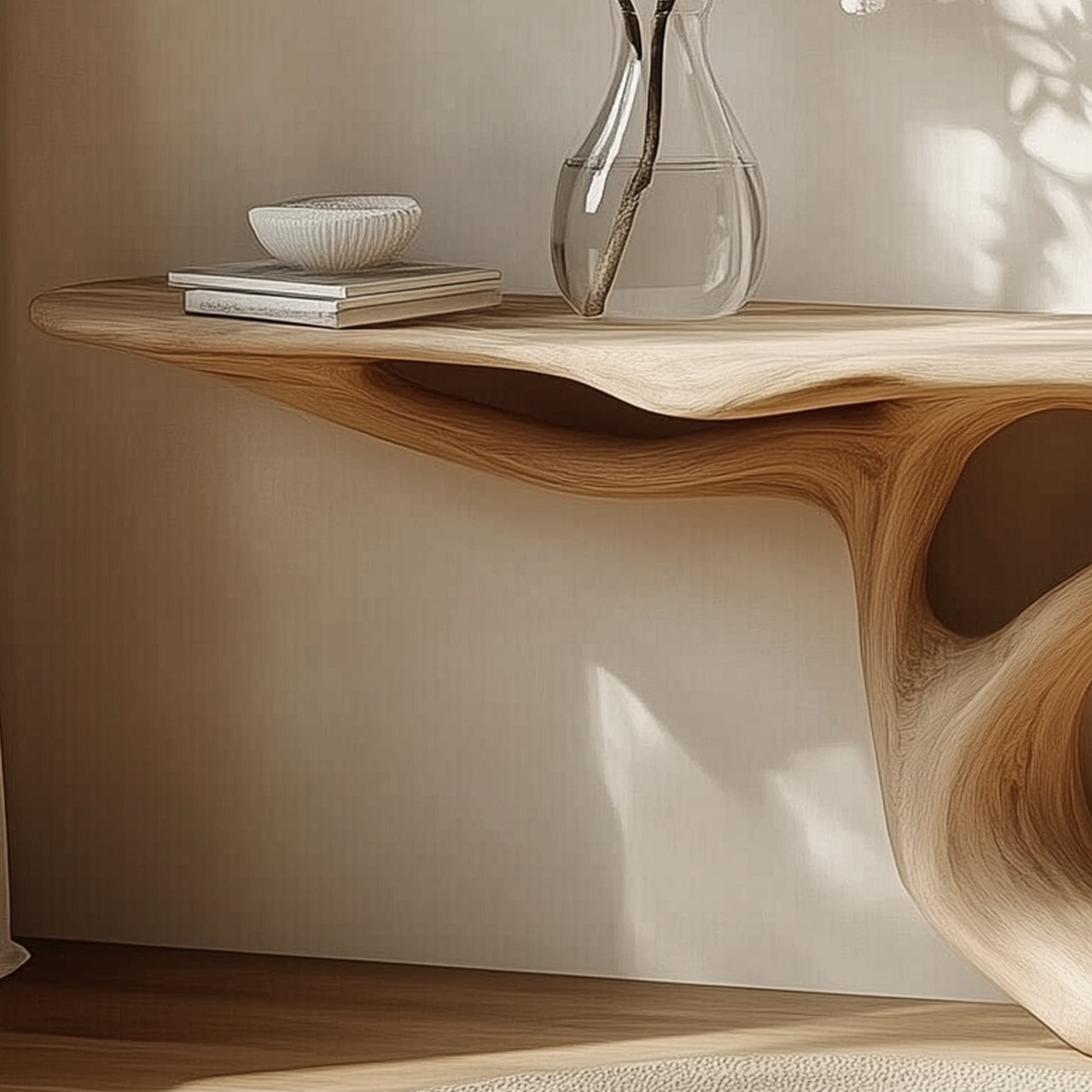 Minimalist Sculptural Wood Console Table, Organic Modern Entryway Table, Japandi Live Edge Furniture For Hallway Or Living Room - Bespoke Wood TTK