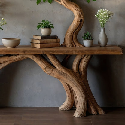 TreeForm Tree Console Table – Live Edge Solid Wood Entryway Table with Artistic Tree Trunk Base - Bespoke Wood TTK