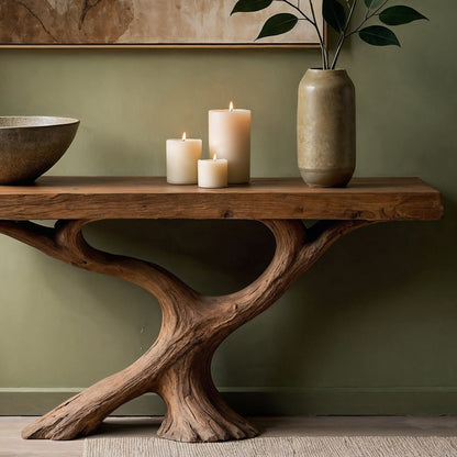 FlowRoot Console Table – Handmade Live Edge Entry Table With Sculptural Wooden Base - Bespoke Wood TTK