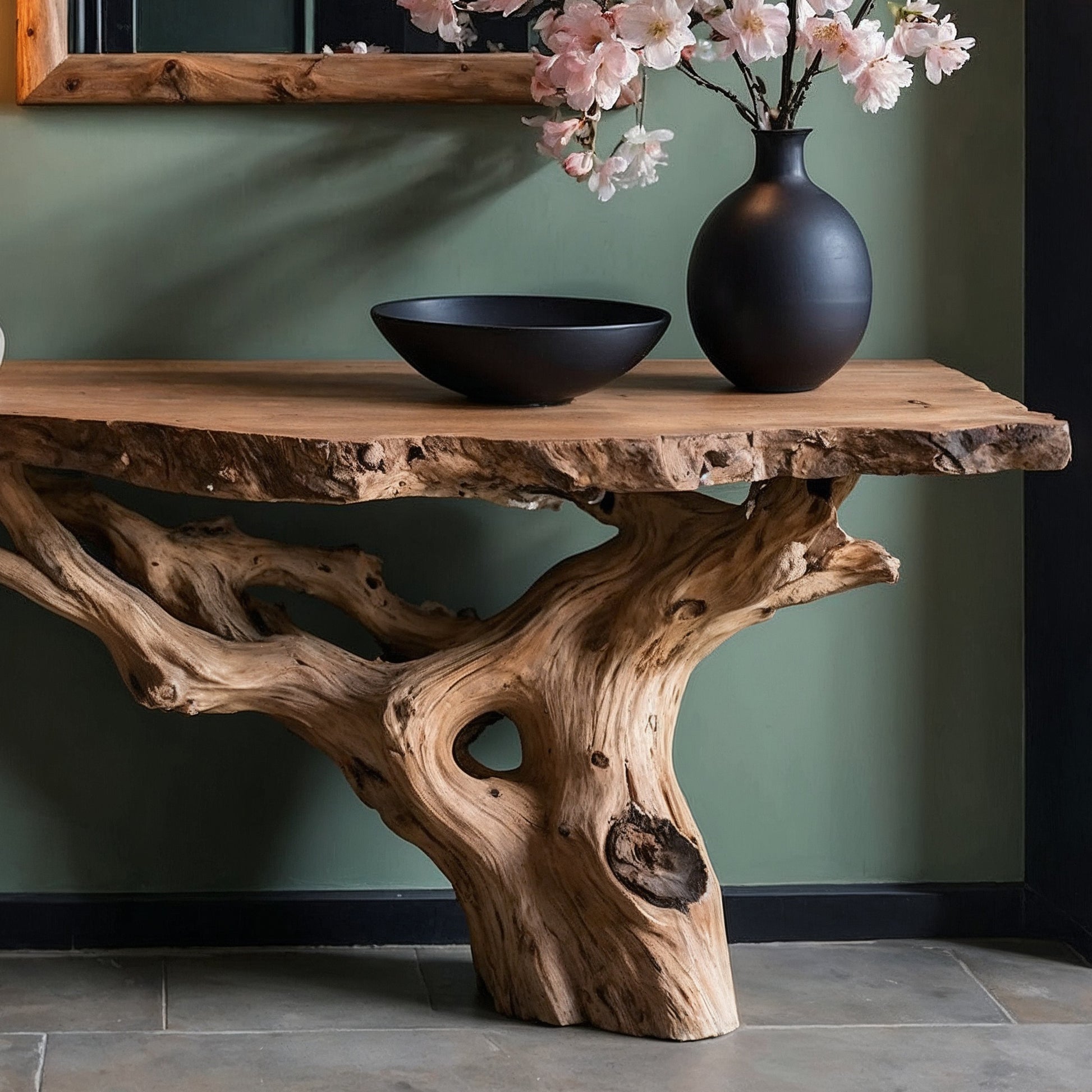 BloomRoot Console Table – Handmade Live Edge Entryway Table with Rustic Tree Base - Bespoke Wood TTK