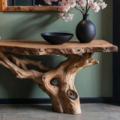 BloomRoot Console Table – Handmade Live Edge Entryway Table with Rustic Tree Base - Bespoke Wood TTK
