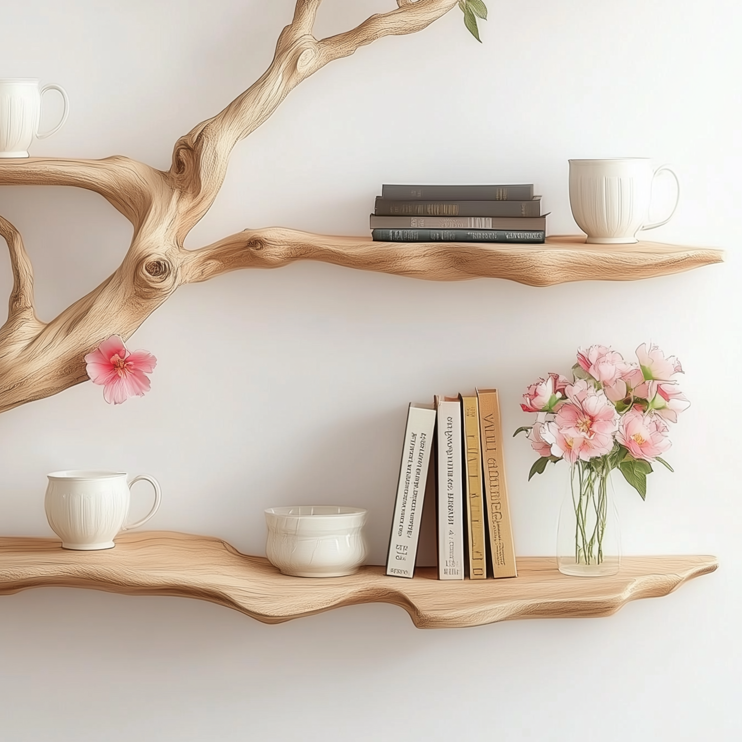 Zenblossom Tree Bookshelf | 3-Tier Wooden Branch Wall Shelf For Japanese Zen & Nature-Inspired Home Decor - Bespoke Wood TTK