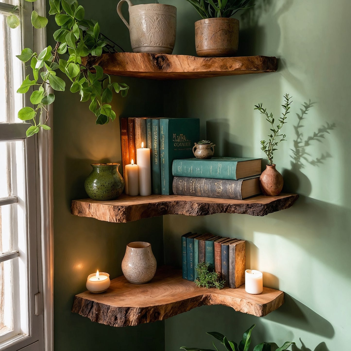 CornerBloom Corner Shelf – Live Edge Wooden Floating Corner Bookshelf - Bespoke Wood TTK