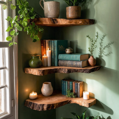 CornerBloom Corner Shelf – Live Edge Wooden Floating Corner Bookshelf - Bespoke Wood TTK