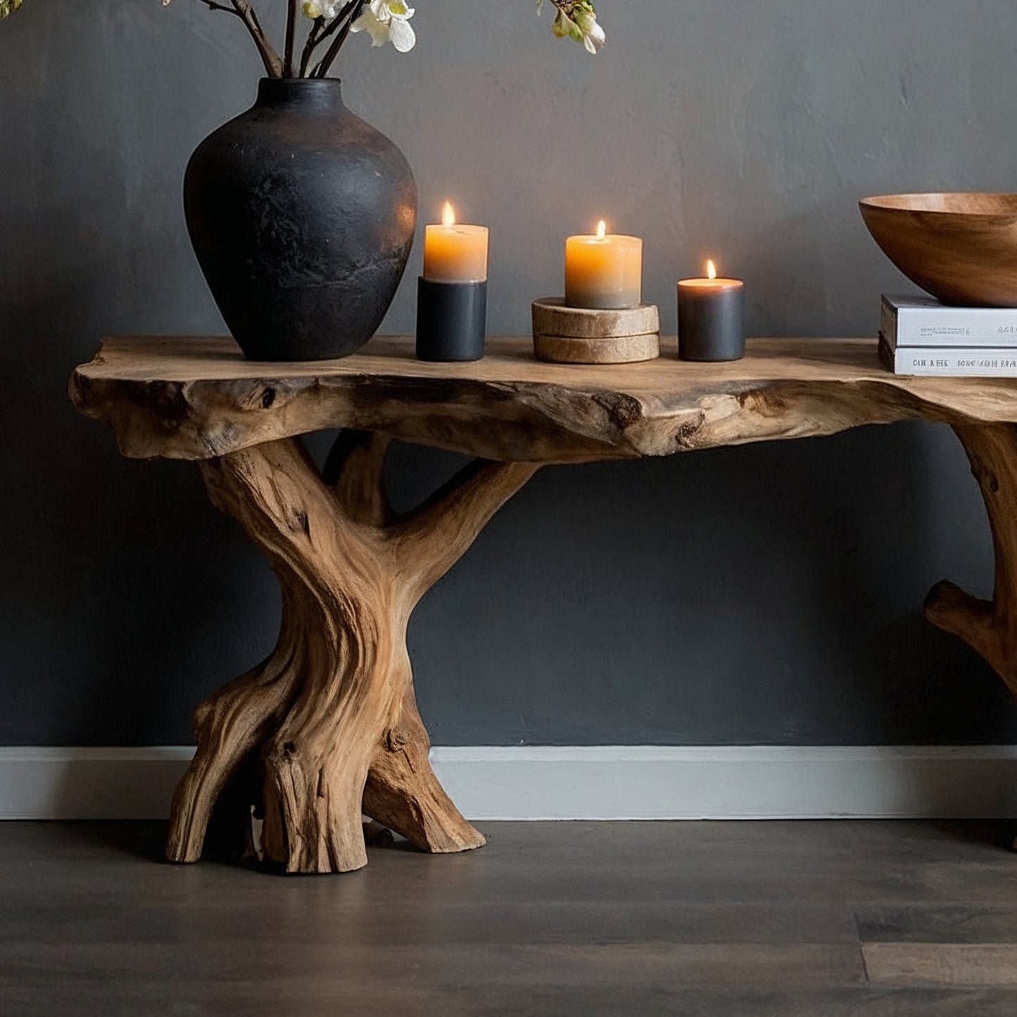 RootPath Console Table – Rustic Live Edge Entryway Table with Sculptural Wood Base - Bespoke Wood TTK