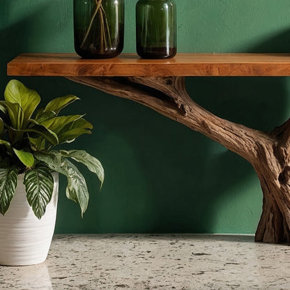 RootGlint Console Table – Reclaimed Wood Hallway Table with Natural Tree Base - Bespoke Wood TTK