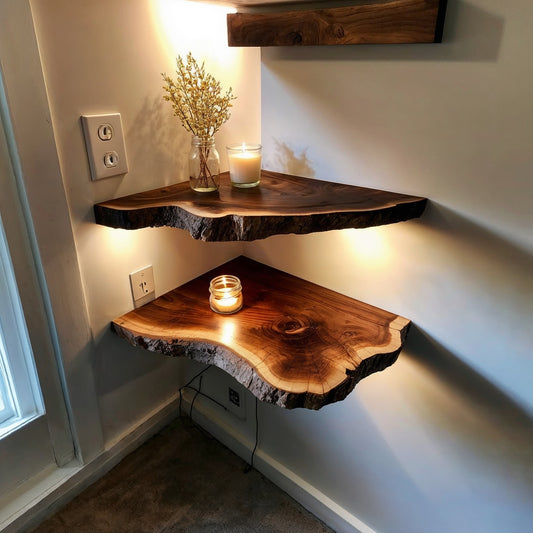 CanyonRoot Live Edge Corner Shelf – Rustic Floating Wood Shelf For Cozy Home Decor - Bespoke Wood TTK