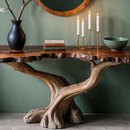 RootRise Console Table – Live Edge Handmade Entry Table with Sculpted Wood Base - Bespoke Wood TTK