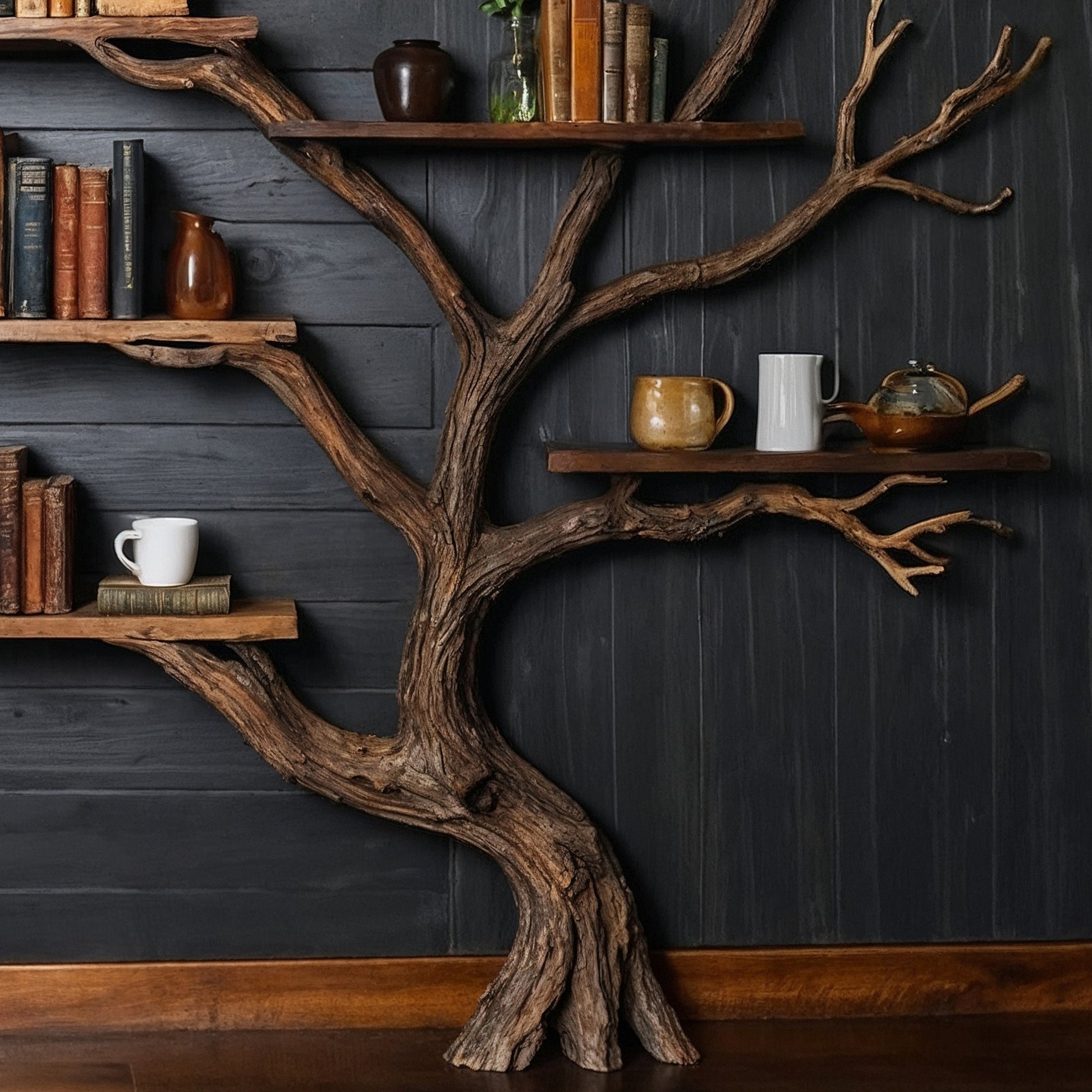 RootCraft Bookshelf – Handmade Wooden Tree Branch Wall Shelf For Home Decor - Bespoke Wood TTK