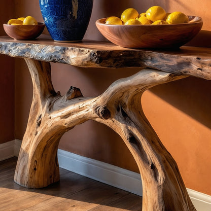 SunRoot Console Table – Rustic Live Edge Entryway Table with Organic Tree Base - Bespoke Wood TTK