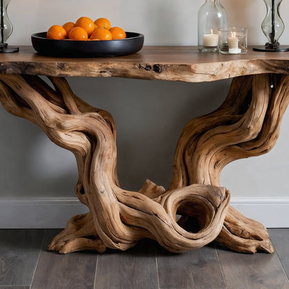 TwistRoot Console Table – Live Edge Solid Wood Entryway Table with Sculptural Base - Bespoke Wood TTK