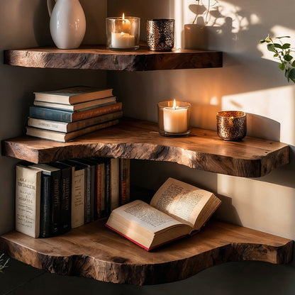 RootNiche Corner Shelf – Live Edge Handmade Floating Wood Wall Shelf - Bespoke Wood TTK